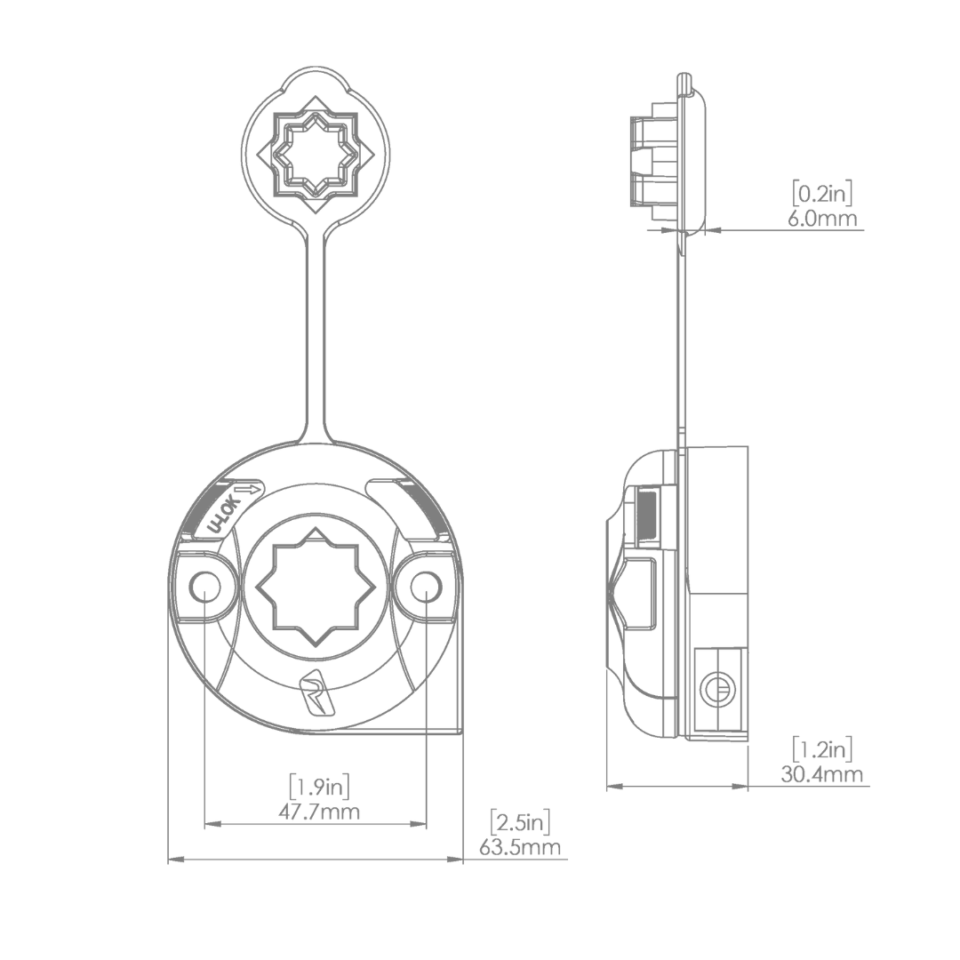 Line drawing of a Railblaza E Series Cable Entry Port Base, showing top and side views with dimensions.