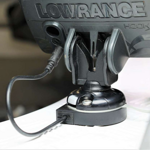 Black Railblaza E Series Cable Entry Port Base mounted with a Lowrance fish finder.