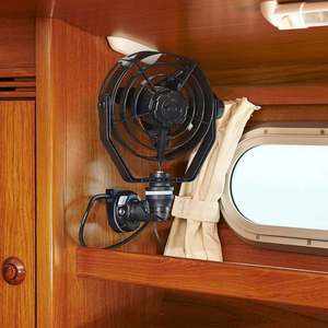 Black Railblaza E Series Cable Entry Port Base mounted on wood, connecting a fan.
