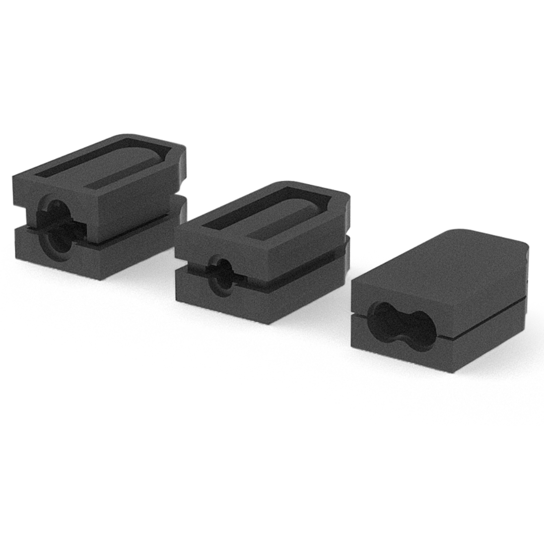 Three black Railblaza E Series Cable Entry Port Bases, showing different cable slot configurations.