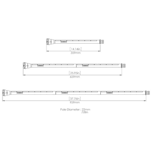 White diagram of the Railblaza Extenda Pole 1000, showing its three modular sections with dimensions.
