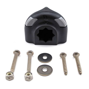 Black Railblaza SidePort Base with a star-shaped port, "U-LOK" button, and included mounting hardware.