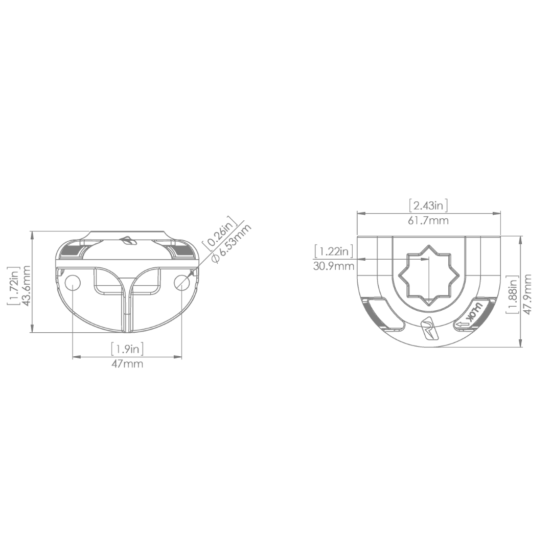 Technical drawing of a black Railblaza SidePort Base, showing top and front dimensions in inches and millimeters.