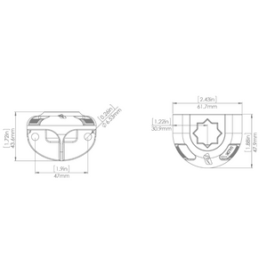 Technical drawing of a black Railblaza SidePort Base, showing top and front dimensions in inches and millimeters.
