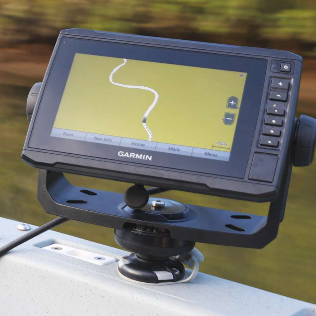 Black Railblaza StarPort Base securely mounting a Garmin fish finder on a boat.
