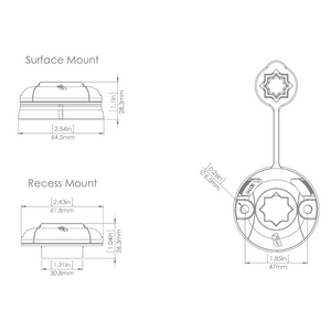 Diagram of Railblaza StarPort Base dimensions for surface and recess mounts, showing black plastic design.
