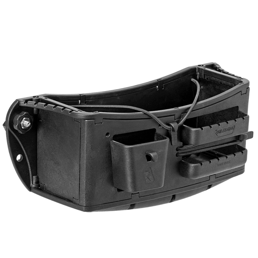 Black Railblaza Track Mount Tackle Caddy with multiple compartments and removable TracMount hardware.