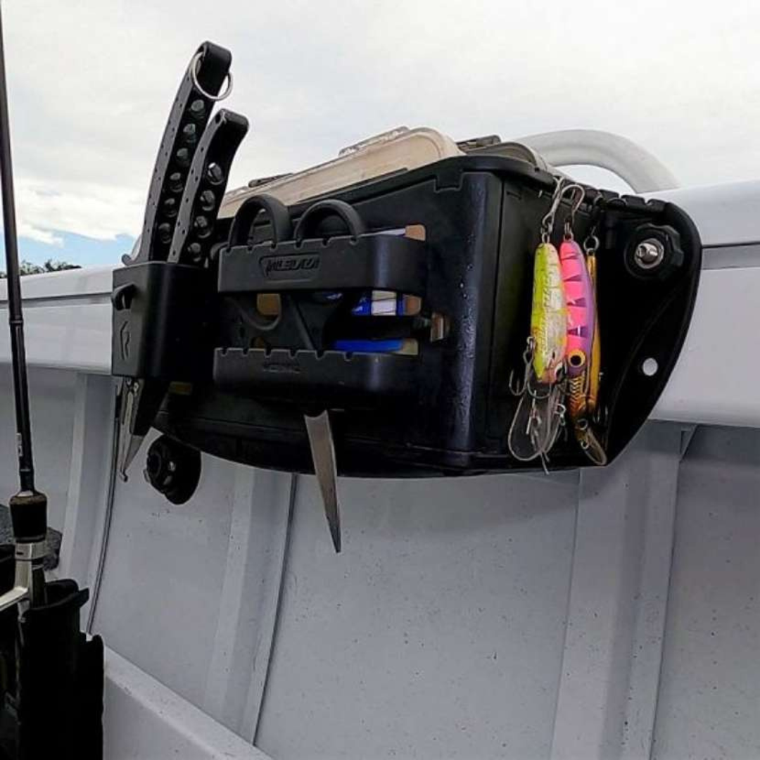 Black Railblaza Tackle Caddy Track Mount with lures and tools attached to a boat gunnel.