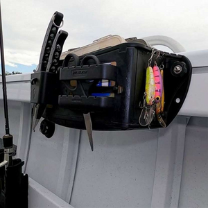 Black Railblaza Tackle Caddy Track Mount with lures and tools attached to a boat gunnel.