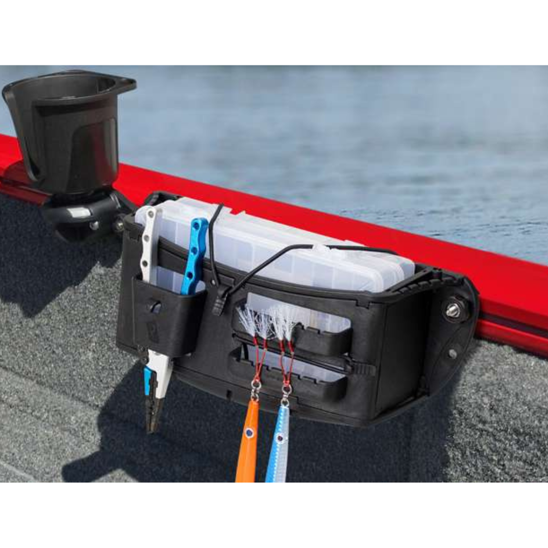 Black Railblaza Track Mount Tackle Caddy with fishing gear attached to a red boat gunnel.