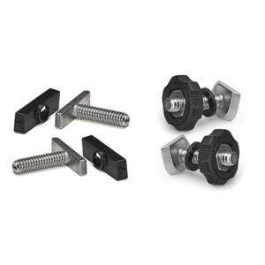 Railblaza TracMount hardware: two black plastic track nuts and two stainless steel bolts with black knobs.
