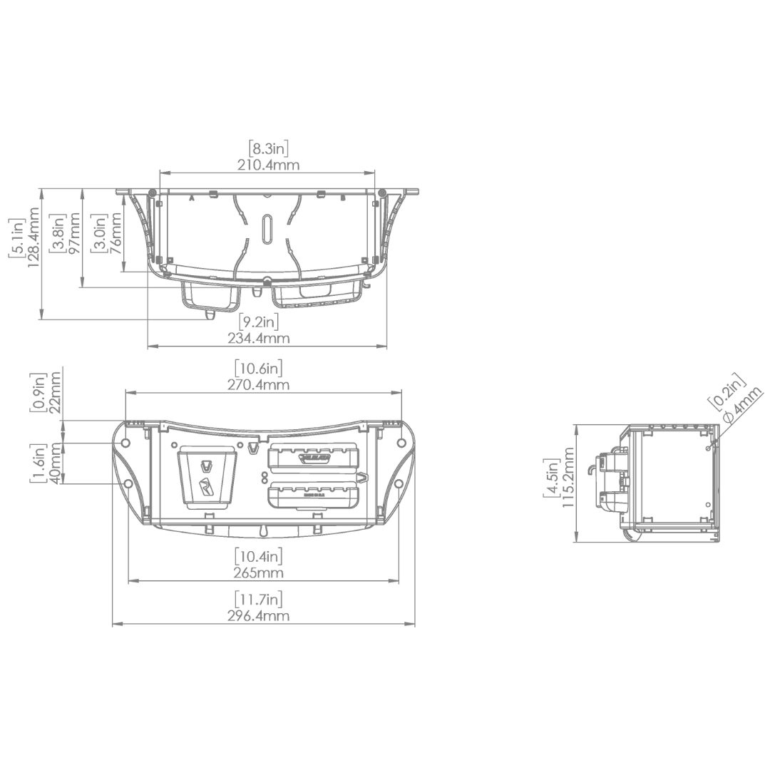 Technical drawing of the Railblaza Track Mount Tackle Caddy with detailed dimensions in inches and millimeters.