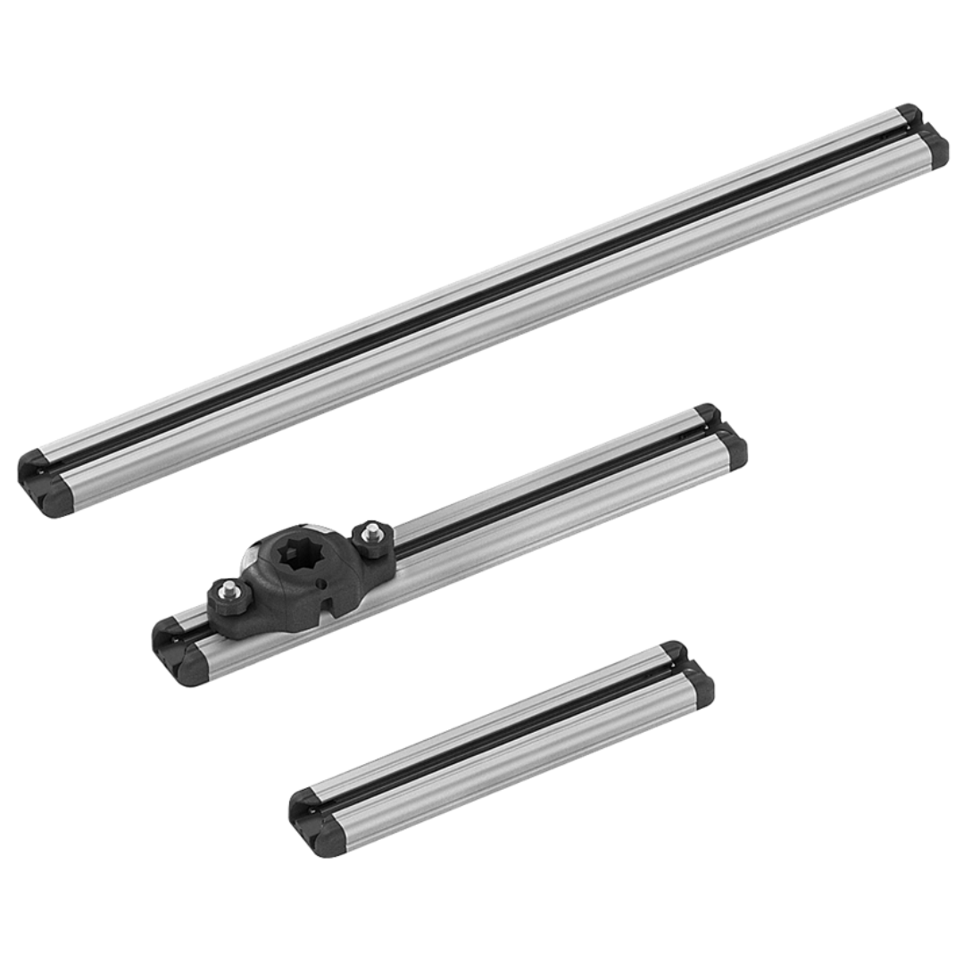 Three silver anodized aluminum Railblaza TracLoader Gunnel Tracks of varying lengths, one with a black mount.