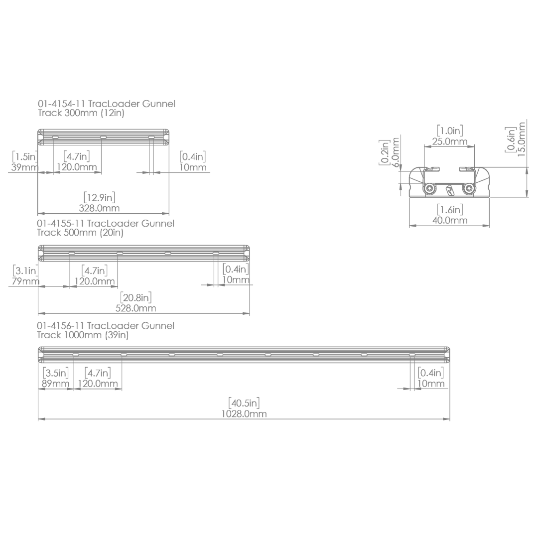 Technical drawing of three silver anodized aluminum Railblaza TracLoader Gunnel Tracks with dimensions.