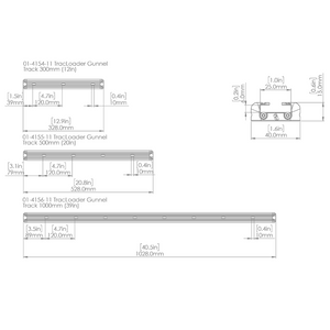 Technical drawing of three silver anodized aluminum Railblaza TracLoader Gunnel Tracks with dimensions.