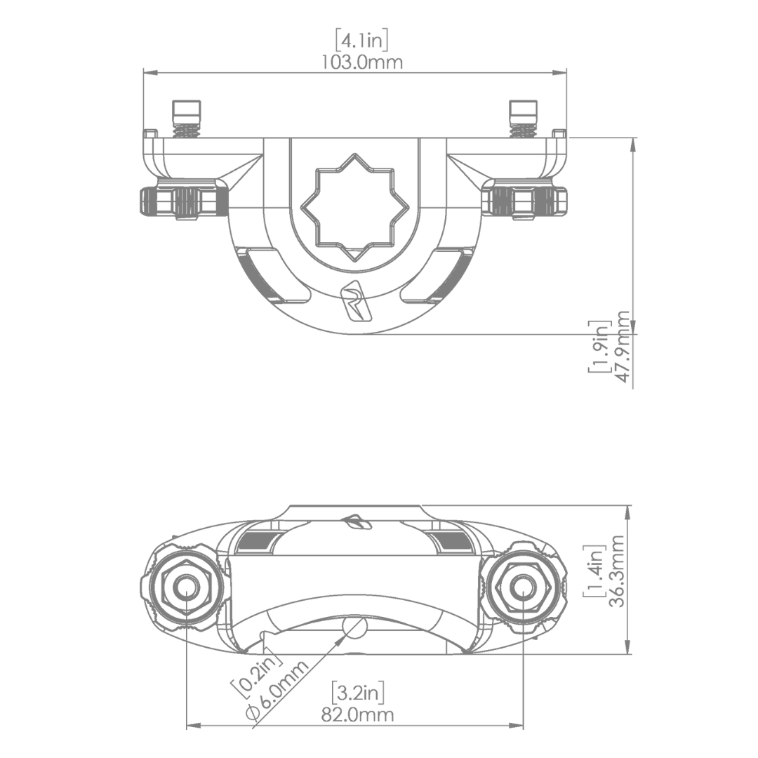 Technical drawing of the Railblaza Trackloader Sideport, showing top and front views with dimensions in inches and millimeters.