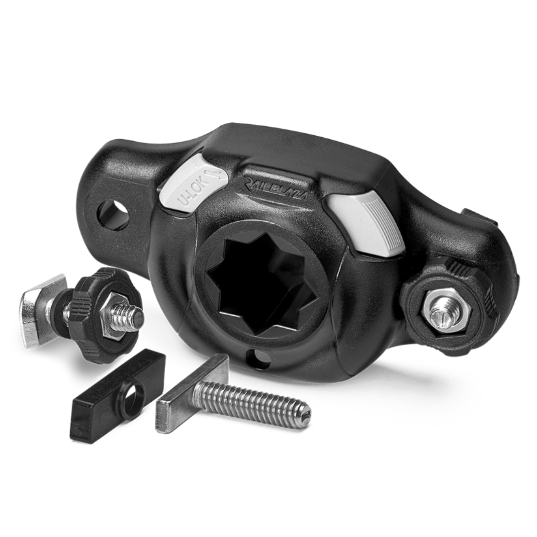 Black Railblaza Trackloader StarPort with gray U-Lok buttons and mounting hardware for boat accessories.