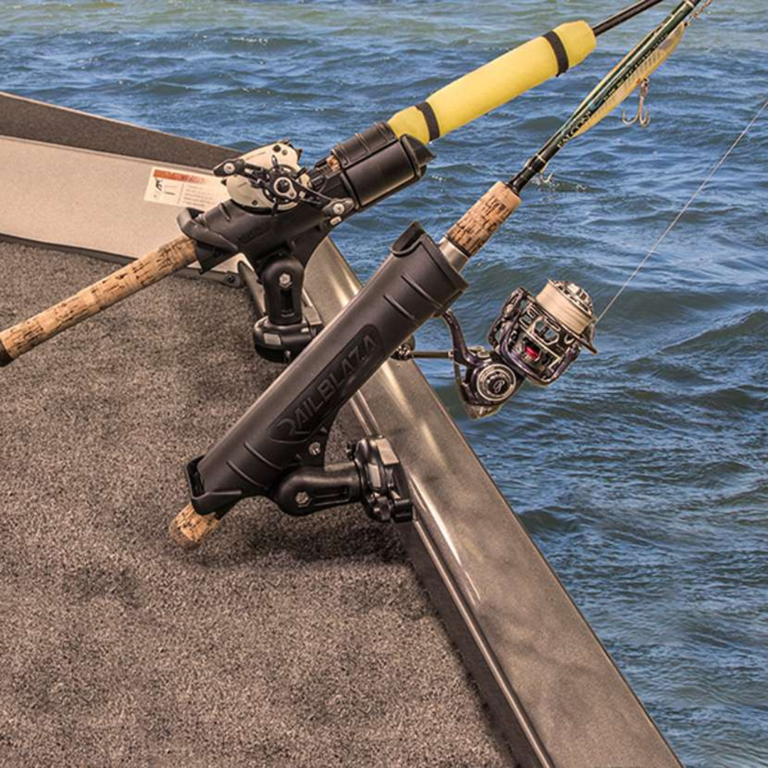 Black Railblaza Trackloader StarPort holding two fishing rods on a boat gunnel.