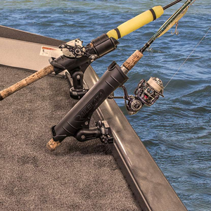 Black Railblaza Trackloader StarPort holding two fishing rods on a boat gunnel.