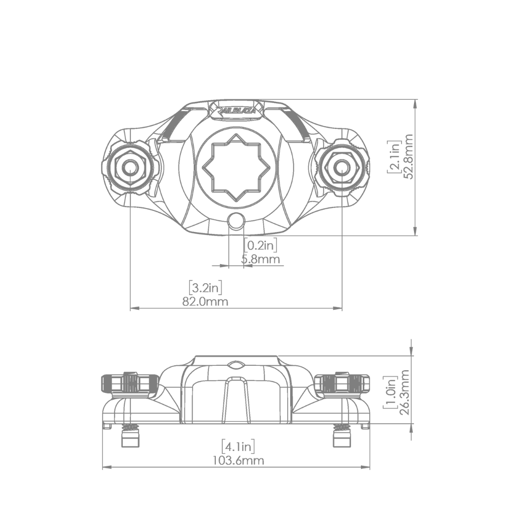 Technical drawing of the black Railblaza Trackloader StarPort with dimensions for boat accessory organization.