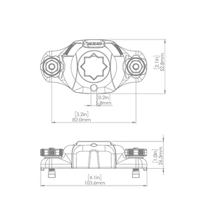 Technical drawing of the black Railblaza Trackloader StarPort with dimensions for boat accessory organization.