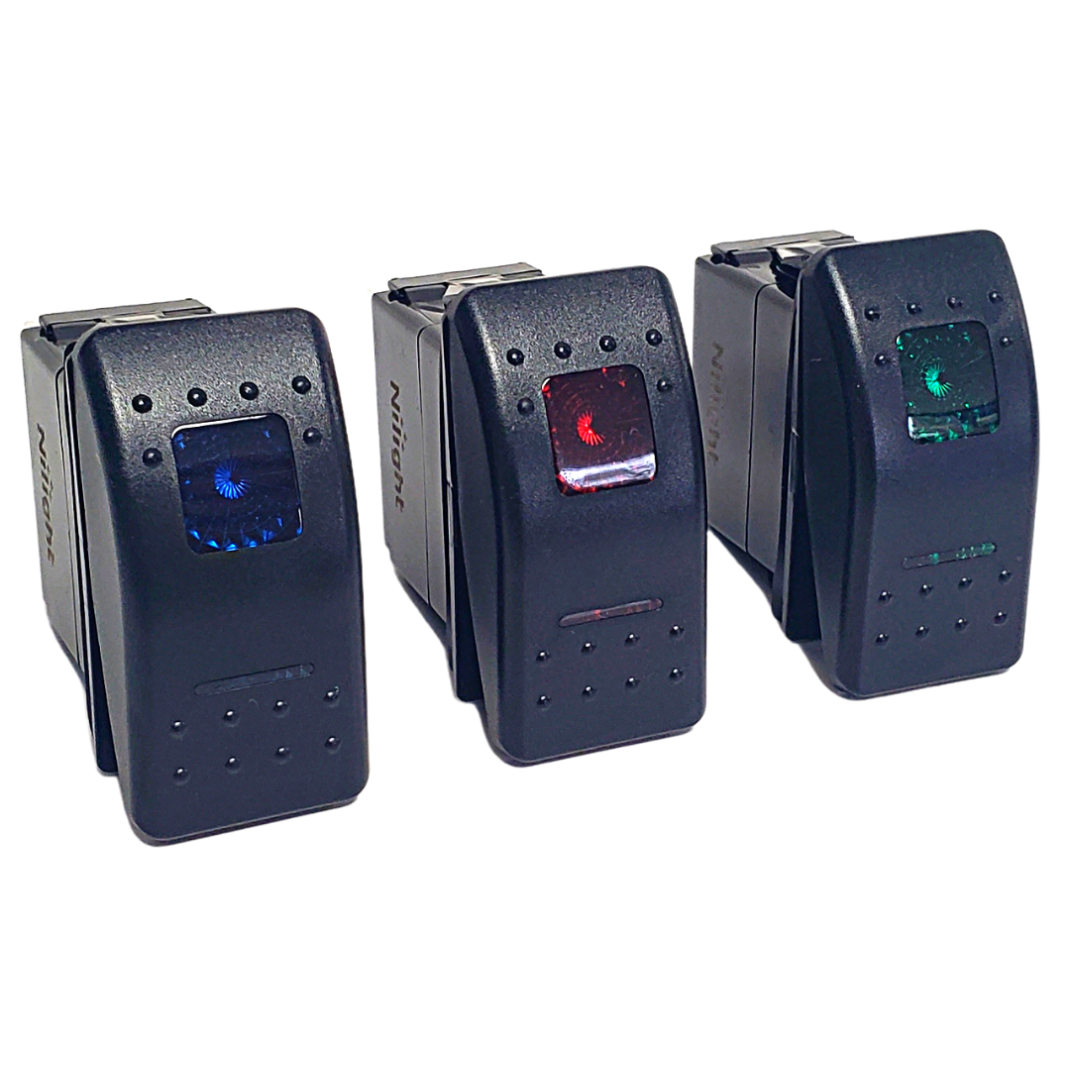 Three black 5-pin rocker switches with illuminated red, green, and blue lights.