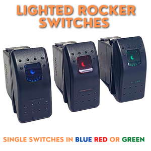 Three black 5-pin rocker switches with blue, red, and green backlighting.