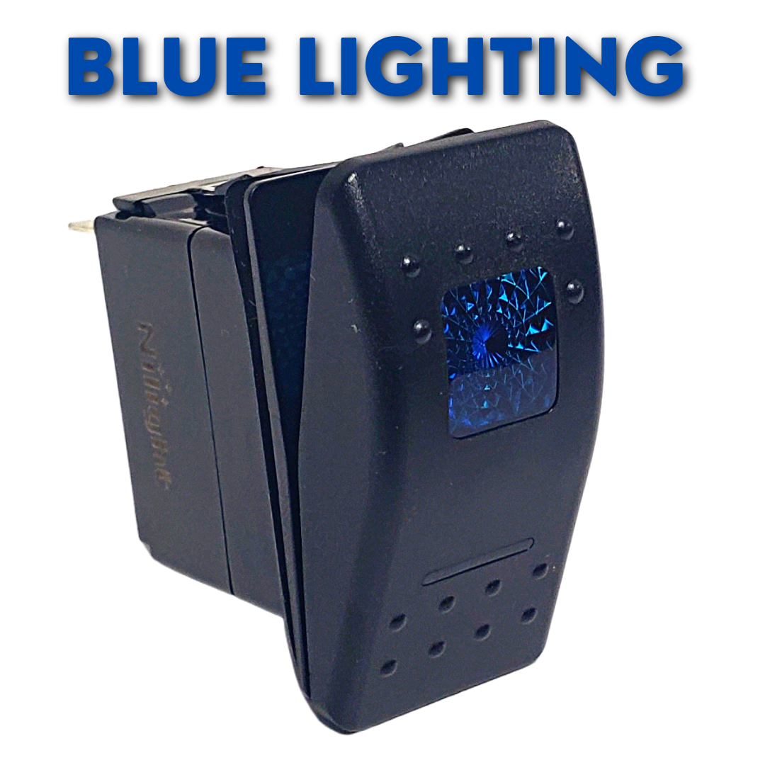 Black 5-pin rocker switch with blue lighting, 2-position on/off, for 12-24 volt boat accessories.