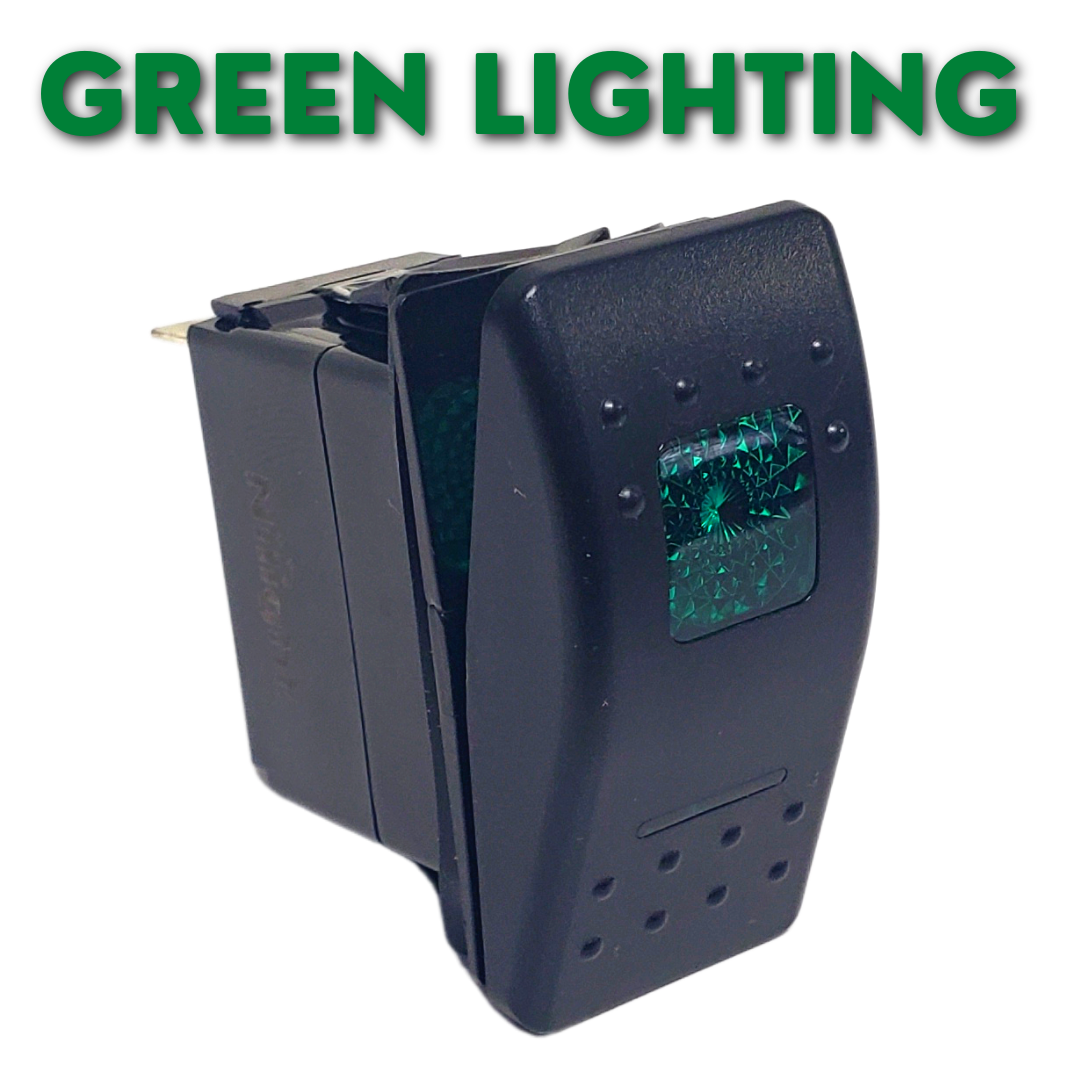Black 5-pin rocker switch with green lighting, 2-position on/off for 12-24V boat accessories.