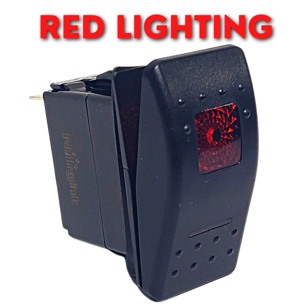 Black 5-pin rocker switch with red lighting, 2-position on/off, for 12-24 volt boat accessories.