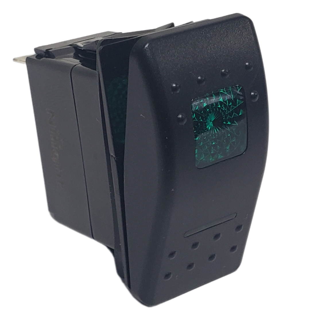 Black 5-pin rocker switch with a green lighted upper indicator and lower light.