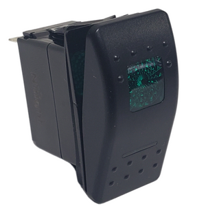 Black 5-pin rocker switch with a green lighted upper indicator and lower light.