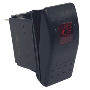 Black 5-pin rocker switch with a lighted red upper indicator and lower light.