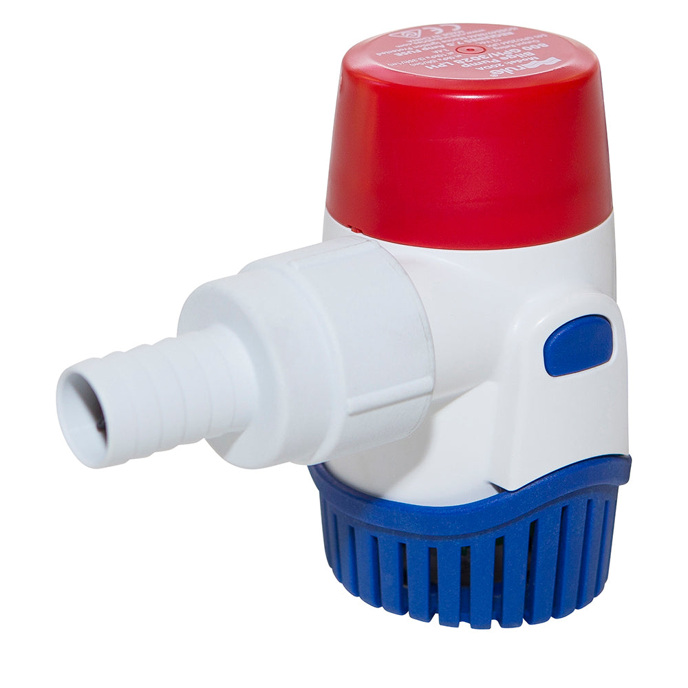 Rule 800GPH 12V bilge pump with red top, white body, blue base, and white hose barb.
