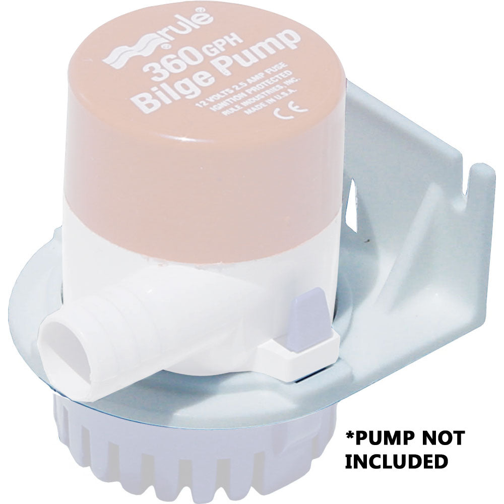 White Rule side mount bracket for round bilge pumps, shown with a peach and white pump.