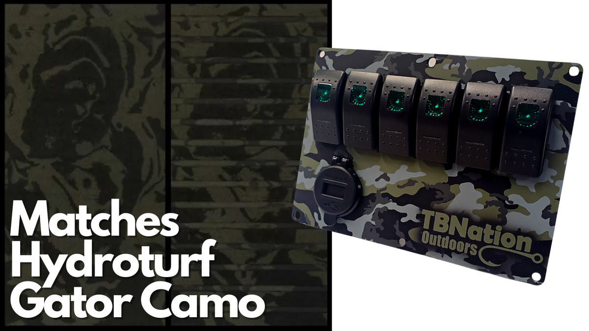 TBNation 6-gang rocker switch panel in green hydro-dipped Gator Camo aluminum with illuminated switches.