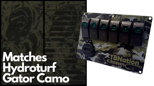 TBNation 6-gang rocker switch panel in green hydro-dipped Gator Camo aluminum with illuminated switches.