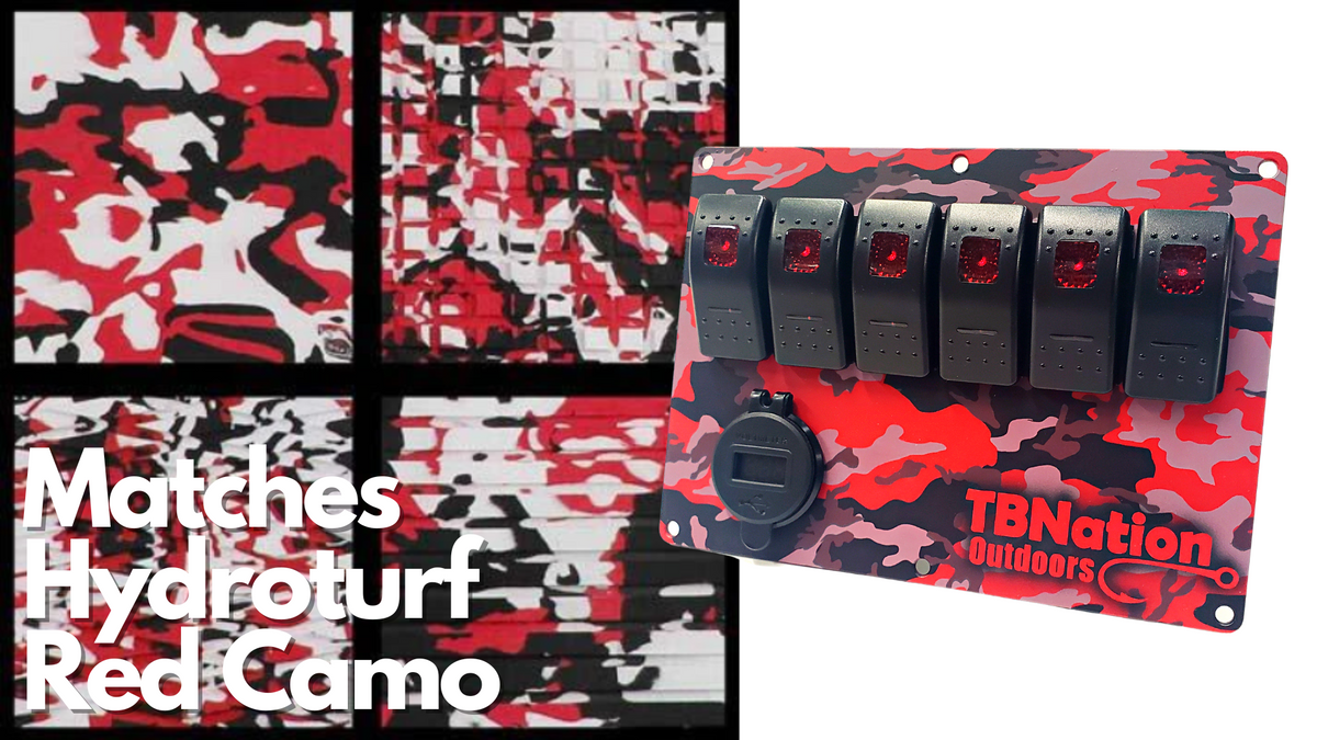 TBNation 6-gang rocker switch panel in red camo hydro-dipped aluminum with red LED switches and USB port.