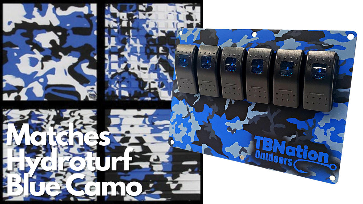 TBNation 6-gang rocker switch panel in blue camouflage hydro-dipped aluminum with six black switches.