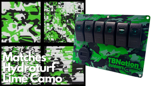 TBNation 6-gang rocker switch panel in lime green camo hydro-dipped aluminum with black switches and USB port.