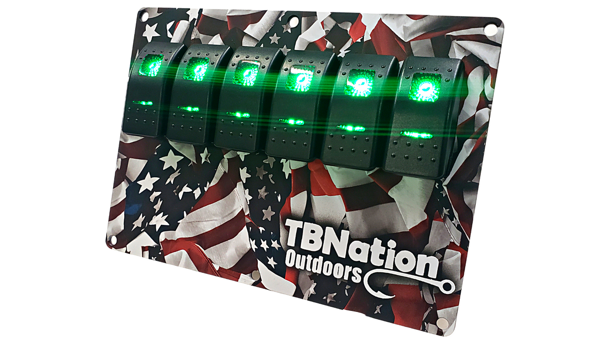 TBNation 6-gang rocker switch panel with green LED switches on a hydro-dipped American flag design.