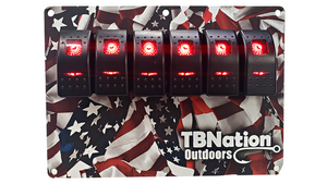 TBNation 6-gang rocker switch panel with a hydro-dipped American flag design and red LED switches.