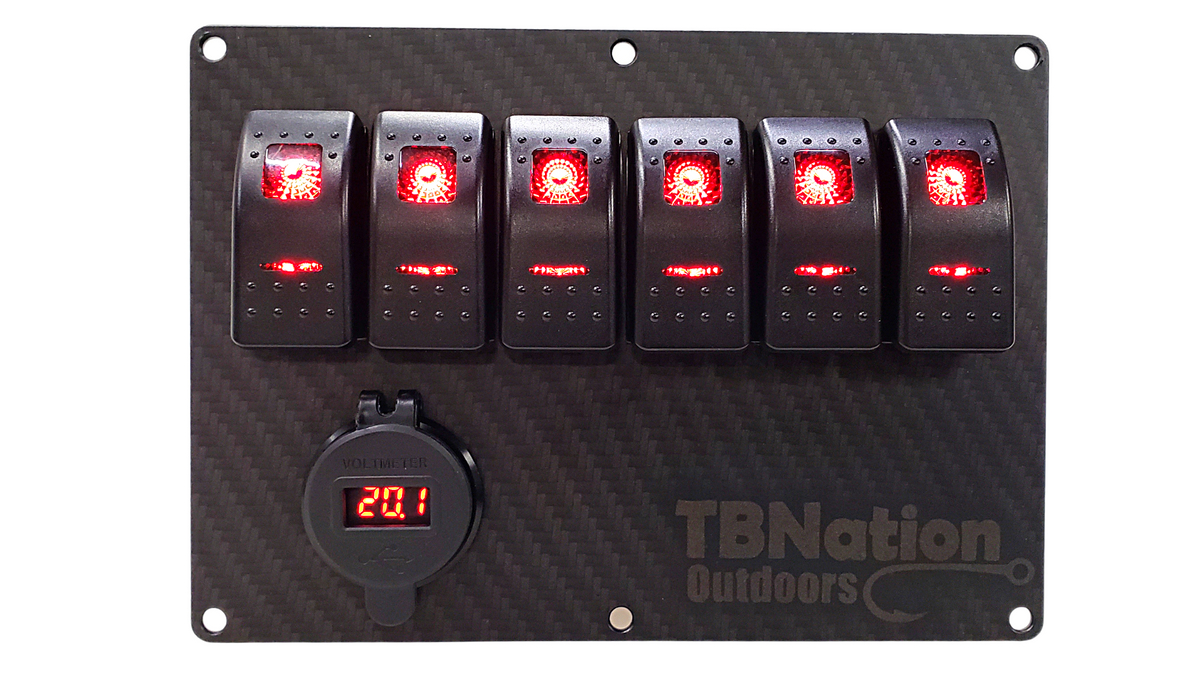 TBNation 6-gang carbon fiber switch panel with six red LED rocker switches and a digital voltmeter.