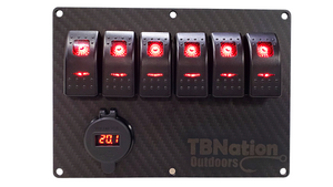 TBNation 6-gang carbon fiber switch panel with six red LED rocker switches and a digital voltmeter.