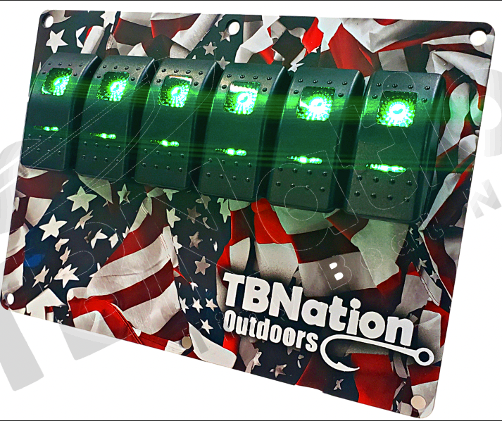 TBNation 6-gang rocker switch panel with green LED switches on an American flag hydro-dipped aluminum plate.
