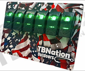 TBNation 6-gang rocker switch panel with green LED switches on an American flag hydro-dipped aluminum plate.