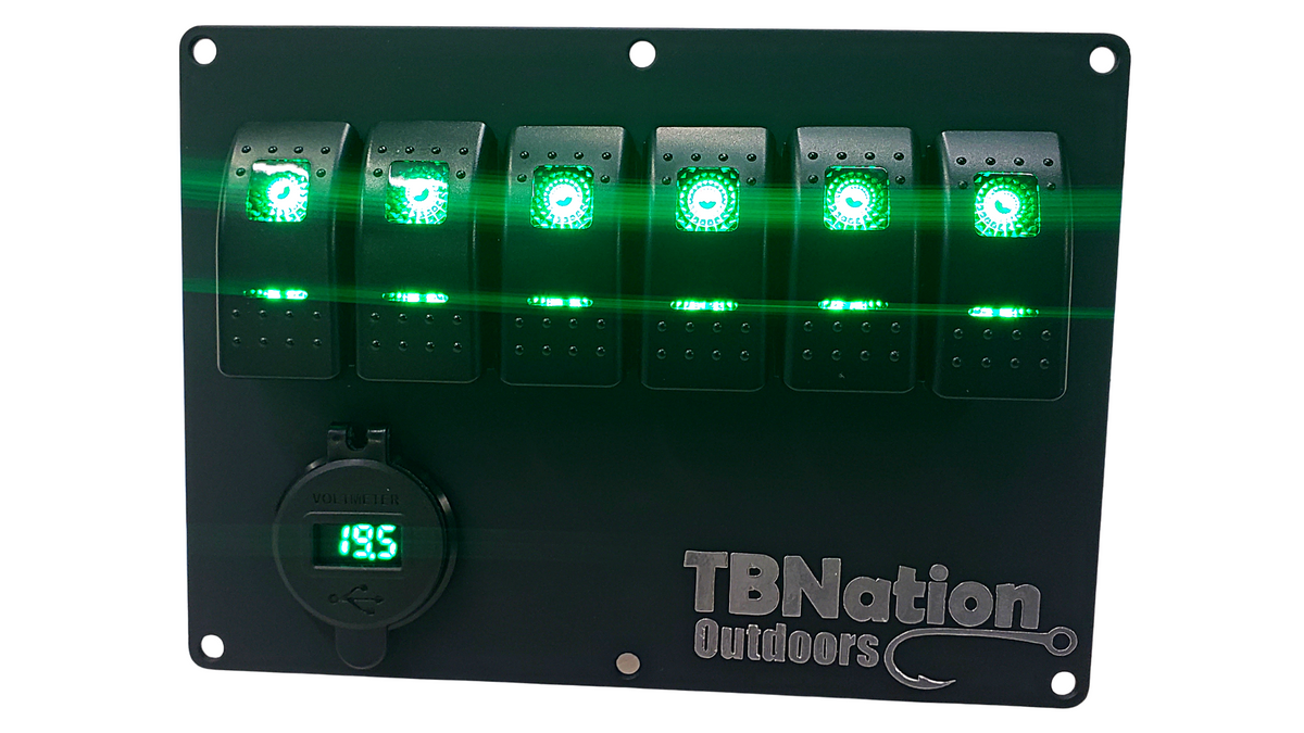 Black TBNation 6-gang hydro-dipped aluminum rocker switch panel with green LED switches and voltmeter.