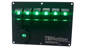 Black TBNation 6-gang hydro-dipped aluminum rocker switch panel with green LED switches and voltmeter.