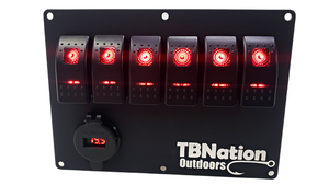 Black TBNation 6-gang hydro-dipped aluminum rocker switch panel with red LED switches and voltmeter.