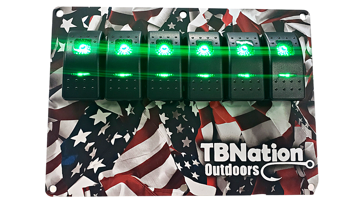 TBNation 6-gang rocker switch panel with green illuminated switches on an American flag hydro-dipped aluminum plate.